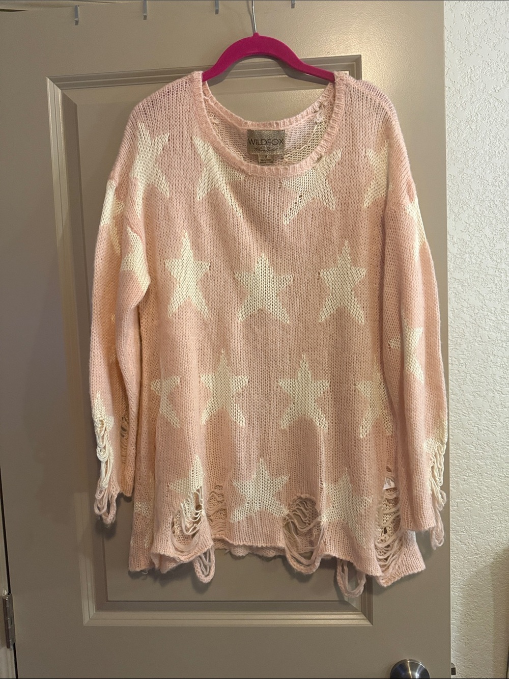 Wildfox Pink and White Star Distressed Crew Neck Sweater